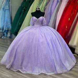 Off Mexico-vestido morado con hombros descubiertos para quinceañeras, vestidos con cuentas De bola De cristal para fiesta De cumpleaños, bata con lazo De Bal S