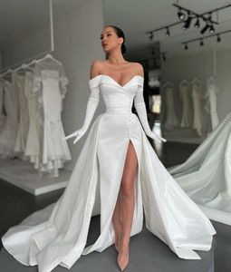 Off Shoulder Sheath Wedding Dresses for bride Long Sleeves Gloves Satin Wedding Dress with detachable skirt Thigh Slit robe de mariee bridal gowns