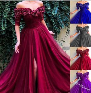 Robe de soirée froncée en Tulle, épaules dénudées, demi-manches, fleurs faites à la main, fente latérale, robe froncée