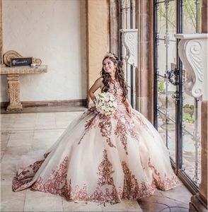 Vestido De fiesta De princesa con hombros descubiertos, vestidos De quinceañera De encaje dorado con apliques, vestidos De novia De cristal, bata De noche 2024