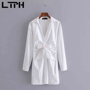 Office Lady High Taille Bow Poplin Chemise Robe Femmes Simple Blanc Simple Boutonnage All-Match Robes élégantes Printemps 210427