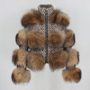OFTBUY-abrigo de piel auténtica para mujer, chaqueta de invierno, tejido de piel de mapache Natural, tela de lana, cuello levantado, ropa de calle a cuadros