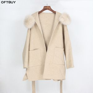 OFTBUY-abrigo de piel auténtica para mujer, chaqueta de invierno holgada con cuello de piel de zorro Natural, mezcla de lana de Cachemira, ropa de calle de gran tamaño