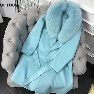 OFTBUY Real Fur Coat Winter Jacket Women Natural Fox Fur Collar Cashmere Wool Blends Long Outerwear Belt Ladies Streetwear 201218