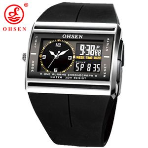 OHSEN Marque LCD Digital Dual Core Montre étanche Sport de plein air Montres Alarme Chronographe Rétro-éclairage en caoutchouc noir Hommes Montre-bracelet LY191213