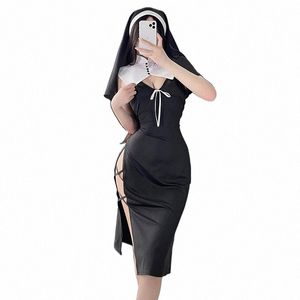 ojbk Nun Rôle Jouer Maid Cosplay Costume Costume Femmes Sexy Lingerie Dr Anime Nun Couvre-chef Halen Noir Creux Passi Uniforme q4qn #