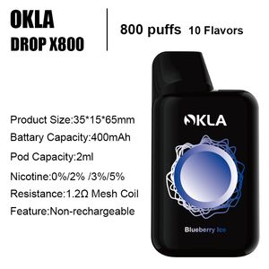 OKLA DROPX 800 Puff desechable vape pen kit de inicio de cigarrillo electrónico 0% 2% 3% 5% Vapers al por mayor desechables OEM Mesh Coil No recargable