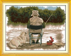Pinturas decorativas de pesca de anciano y perro, juegos de costura bordados hechos a mano con punto de cruz, impresión contada en lienzo DMC 14CT /11CT