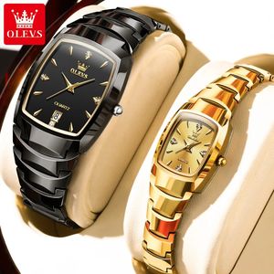 Olevs 7006 Couple Recherche pour les hommes et les femmes Tungsten Steel Strap Imperping Date Horloge lui et ses ensembles de montres pour les cadeaux Lover Watch 240419