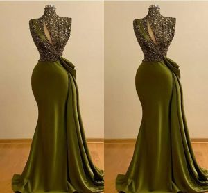 Robes de soirée vert olive grande taille africaine sirène paillettes scintillantes col haut balayage train satin robe de soirée de bal occasion formelle porter des robes Desinger