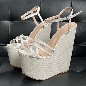 Olomm, sandalias de plataforma hechas a mano para mujer, cuñas ultraaltas con purpurina, tacones abiertos, bonitos zapatos dorados para discoteca, tallas para mujer 4-14