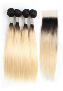 Paquets de cheveux raides blonds ombrés avec fermeture 1B 613 racines foncées 50gBundle 1012 pouces 4 paquets d'extensions de cheveux humains brésiliens Remy5896329