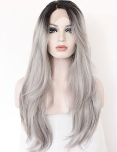 Ombre Grey 2 Tonos Peluca delantera de encaje sintético Raíces oscuras Larga recta natural Gris plateado Pelucas de cabello de repuesto para mujeres Fibe resistente al calor