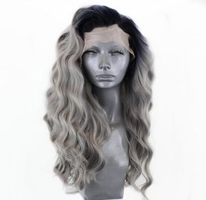 Peluca con malla frontal sintética para mujer, pelo de fibra resistente al calor, Color gris degradado, largo ondulado, dos tonos, gris, Cosplay, 6164861