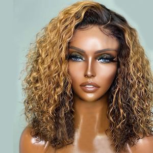 Perruque Full Lace Wig naturelle Remy bouclée à l'eau, blond miel ombré, pre-plucked, boucles rebondissantes, marron 360, 13x6, transparente HD, Lace Front Wig