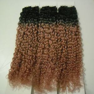 Ombre Human Tape in Kinky Curly Tape dans les extensions de cheveux humains Brésiliens Remy Cheveux sur adhésifs Tape PU Skin Weft Invisible 300g 120pcs