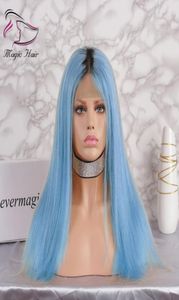 Ombre bleu clair sans colle pleine dentelle perruques de cheveux humains avec des cheveux de bébé pré-épilés 130 densité brésilienne vierge cheveux dentelle avant perruques9409492