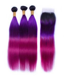 Ombre T 1BPurple Rose Red Straight Remy Cabello humano teje con cierre de encaje 4X4 8582861