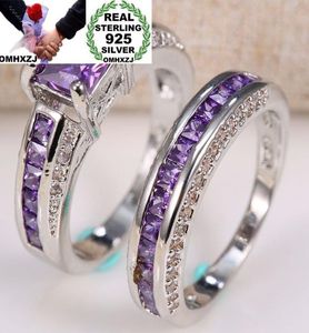 OMHXZJ toda la moda europea mujer hombre fiesta regalo de boda cuadrado amatista 925 anillo de plata esterlina conjunto RR762058578
