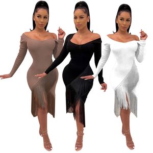 OMSJ Sexy Tassel Plus Size Dress Mujer Otoño Manga larga Invierno Ladies Elegant Bodycon Party es Vestido Trajes 210517