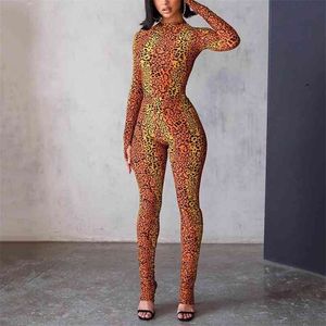 OMSJ Spring Skinny High Street Leopard Fashion Jumpsuit manga larga Sexy Print Workout Active Wear Sproty Bodycon Playsuits 210517