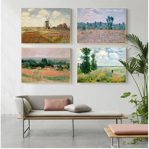 Pósteres y pinturas en lienzo, cuadro de pared para sala de estar, Claude Monet, álamos, campos de amapola, paisaje, pintura al óleo impresionista Woo
