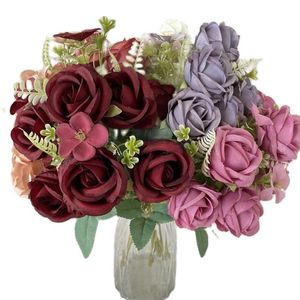 ONE Faux Flowers Autumn Rosa 7 Tallos por ramo Simulación Round Rose para Wedding Home Decotaitve Flor artificial