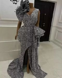 Una pieza robe de soir￩e femme Tallas grandes Vestidos de noche para mujer Fiesta de plata Lentejuelas Aso Ebi Split Sirena Vestidos de recepción de baile Tren de barrido