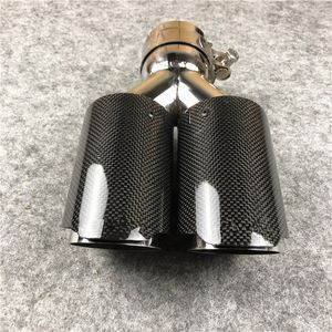Two Pieces: Universal Dual Exhaust Muffler Tips Carbon Fiber + Glossy Stainless Steel Auto Tail End Pipes