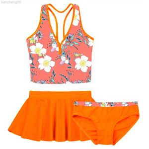 Traje de baño Tankini de una pieza de 3 uds. Para niños y niñas, traje de baño con estampado Floral 2021, Tops con falda inferior, conjunto de ropa de playa para niños, traje W0310