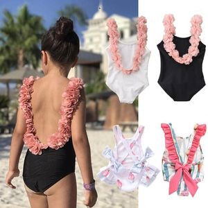 One-Pieces Baby Girls Vacasion Beach Swimsuits Kids Summer One Piece Printed Backless Swimwear Children Little Swimming Suit For 1 5Y