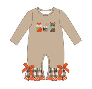 One-Pieces Vente chaude Coton Baby Girls Long Manche à manches longues Three Fox Broidered Dark Coffee Jumps combinais