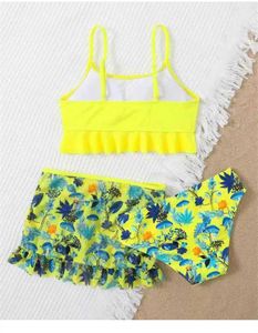 Une pièce à volants imprimé feuilles filles enfants maillots de bain bikinis couvrir en gros 3 pièces enfants maillot de bain couverture blouse ensemble bébé enfants Biquini