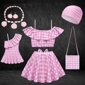 One-Pieces Summer Girl rétro Pink Checkered Swimsuit Halloween Party Margot Robbie Movie Barbie Play-play Costume Collier Shell Collier Rente Collier Q240418