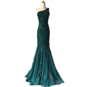 Une épaule émeraude robes de soirée vert pailleté longue sirène robe de bal paillettes élégante robe de soirée modèle dentelle robe formelle ENG056