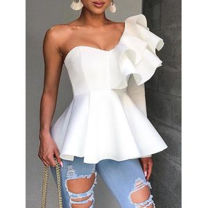 Une épaule fermeture éclair Up Peplum haut volant à manches longues blanc Blouse chemise élégante dames fête été 240102