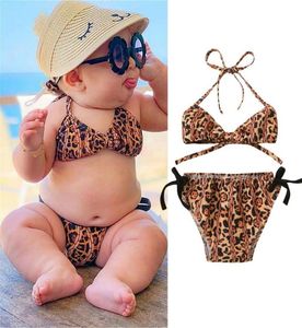 Onepieces 15y Baby Girls Swimwear 2021 Summer Leopard Halter Kids Bikini sets de baignade