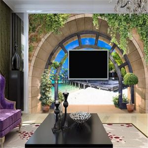 Papel tapiz de paisaje 3d moderno, arco de mármol con hermoso paisaje costero, decoración del hogar, pintura, Mural, papel tapiz, revestimiento de paredes de salón