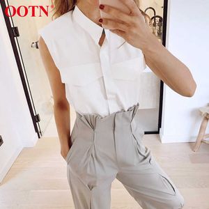 OOTN Stand Collar Summer Camisas sin mangas Office Ladies White Womens Tops y blusas Fashion Chic Padded Shoulder Top 210715