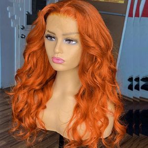 Peluca de cabello humano brasileño de color naranja Onda larga natural del cuerpo Peluca delantera de encaje sintético pre arrancado para mujeres