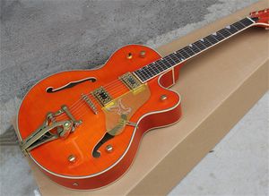 Orange Falcon Jazz Guitare électrique G 6120s Mplae Corps semi-creux Touche en palissandre Matériel doré Double trous F Bigs Tremolo Bridge peut être personnalisé