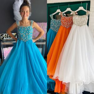 Orange Girl Pageant Dress for Infant Toddlers Teens 2024 Beading Strap ritzee roise A-Line Organza Long Little Kid Formal Party Gown Zipper V-Back Crystals AB Stones