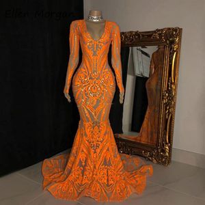 Orange See Through Prom Dresses Encaje sudafricano Mangas largas Sirena Vestidos de noche Sweep Train Formal Party Dress Custom Made287F