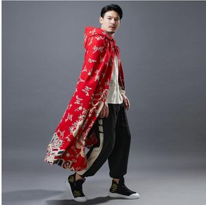 Dragon oriental Imprimé Peluche Cape Spring Spring Automne Chinois Style Vêtements Hemp Coton Cloack Costume ancien pour l'Overseas asiatique