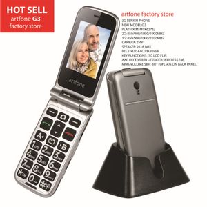 Téléphone portable à rabat d'origine Artfone G3 WCDMA 3G pour personnes âgées débloqué carte SIM unique grand clavier en caoutchouc 2 boutons latéraux et SOS 1000mAh avec station de charge téléphone portable