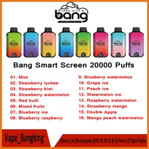 Original Bang 20000 Puffs 20K Stylo Vape jetable à écran intelligent Bangvapes Double bobine de maille Vaper rechargeable 28 ml E-liquide pré-rempli 16 saveurs 0/2/3/5%