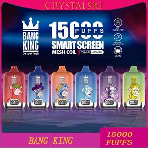 Original Bang King 15000 Puff Cigarettes électroniques jetables 1,0 ohm Bobine de maille 25 ml Batterie rechargeable Cigs électroniques Puff 15K 0% 2% 3% 5% Vape VS RandM