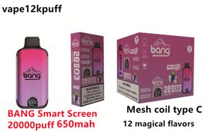 Original BANG Smart Screen 20k Puff Cigarette électronique jetable Boîte de pré-charge avec rechargeable 28 ml Pod Mesh Coil Vape Pen 0% 2% 3% 5% Nouveau produit Vente chaude