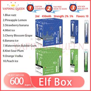 Original ELF BOX 600 Puff E Cigarettes 2ml Pré-rempliPod 450mAh Batterie 2% 5% 10 Saveurs Jetable Vape Pen Puffs 600 Source Fabricant