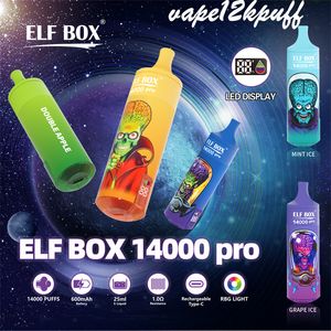 Elf Box 14000puff E-cigarette jetable, bobine en filet Puff14K qui peut être facturée pour 600mahe cigarettes.14kpuff avec des lumières colorées en bas, 0% 2% 3% 5% VACER
